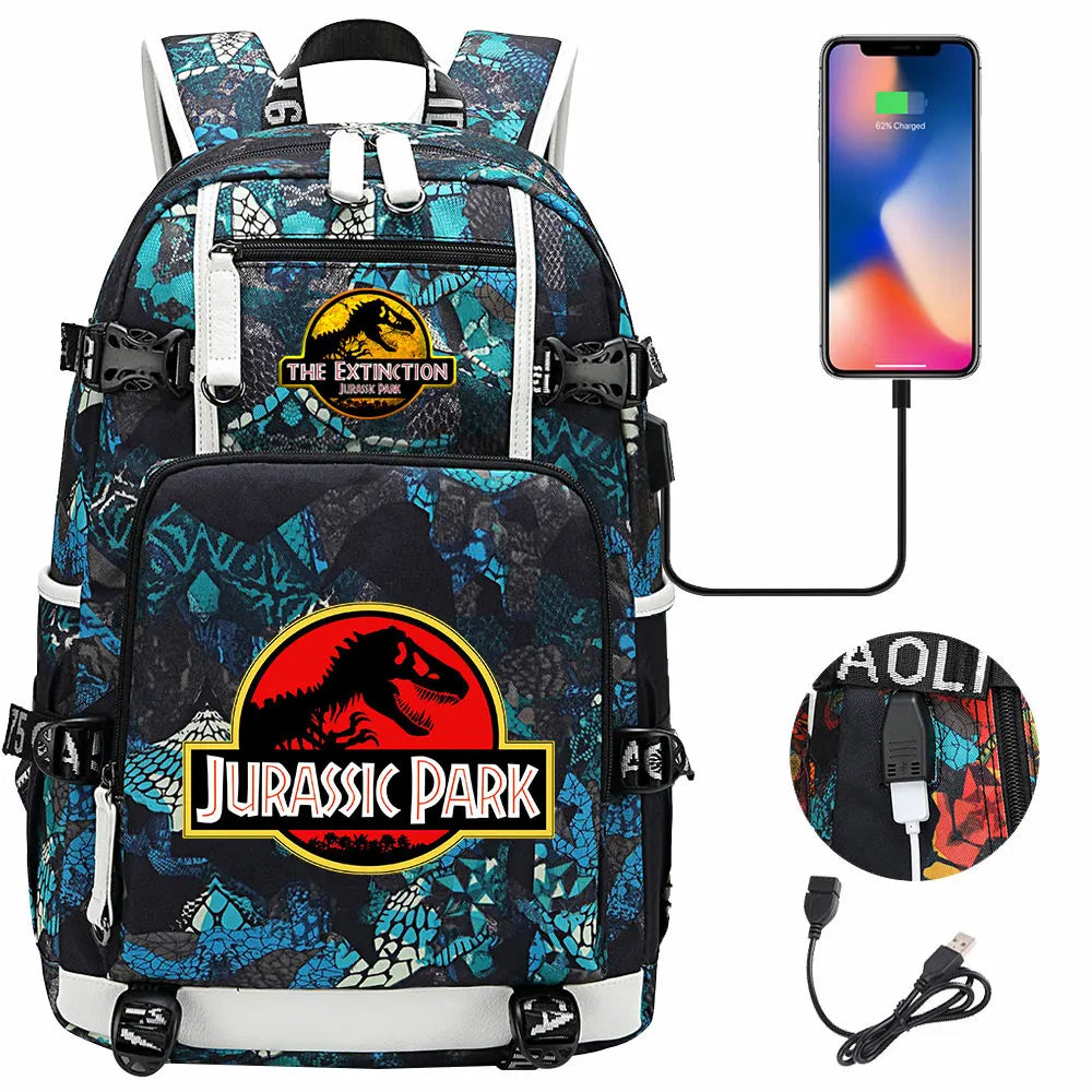Jurassic World Dinosaur Backpack with USB Port – Large Capacity Laptop Bag for Men & Women