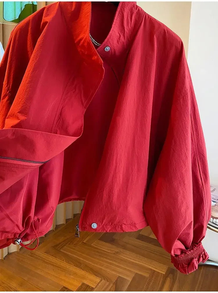 Women’s Red Stand Collar Zip-Up Jacket – Casual Loose Fit, Drawstring Cuffs, Autumn & Spring